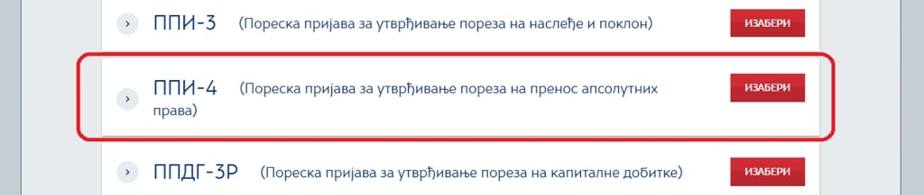 PPI-4 obrazac za utvrđivanje poreza na prenos apsolutnih prava, potreban za poresko oslobađanje