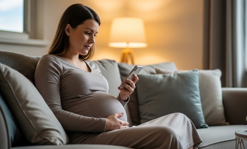 Trudnica sedi na kauču i gleda u telefon