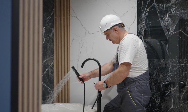 Vodoinstalater popravlja tuš u kupatilu