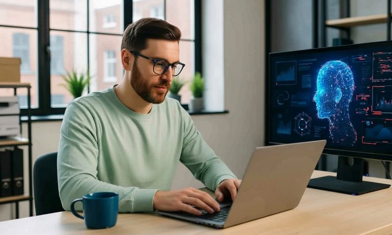 Čovek radi za laptopom sa veštačkom inteligencijom