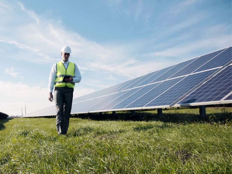 radnik šeta i proverava rad solarnih panela