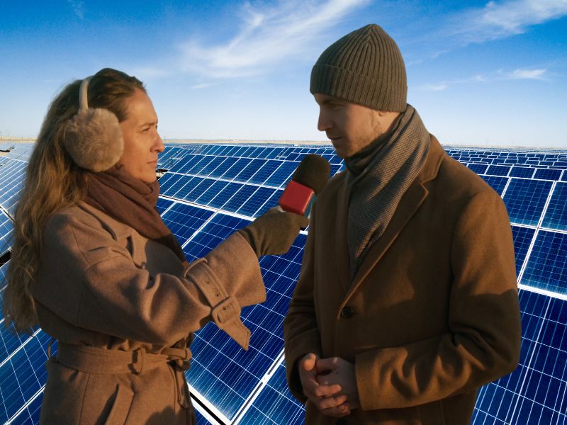 devojka intervjuiše momka, u pozadini solarni paneli