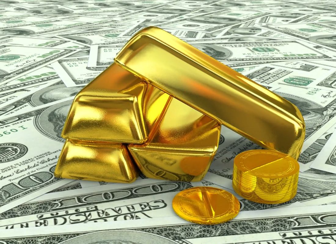 prikaz zlatnih poluga, zlatnog novčića i dolara