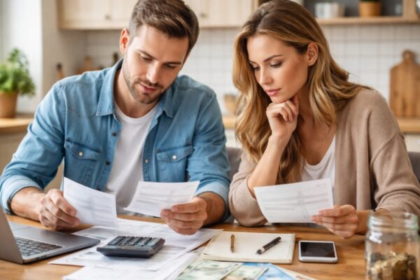 Muškarac i žena sede za stolom i pregledaju račune i troškove uz kalkulator, laptop i novac