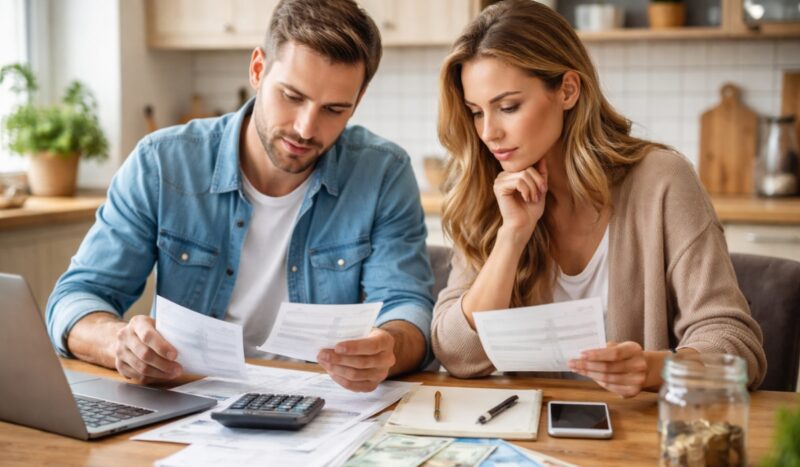 Muškarac i žena sede za stolom i pregledaju račune i troškove uz kalkulator, laptop i novac