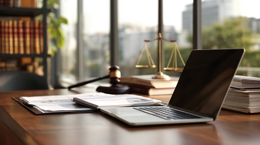 Advokatska kancelarija, sa otvorenim laptopom na stolu