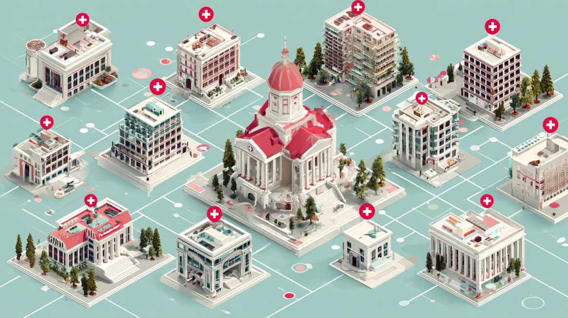 Ilustracija više bolnica i klinika povezanih u jedinstvenu zdravstvenu mrežu