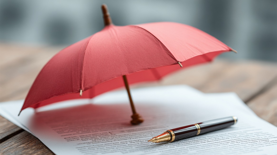 Crveni kišobran iznad dokumenta i olovke koji simbolizuje zaštitu i osiguranje