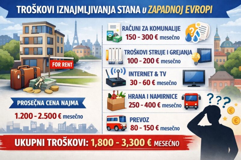 Infografika na srpskom jeziku prikazuje prosečne mesečne troškove iznajmljivanja stana u Zapadnoj Evropi, uključujući kiriju, komunalije, struju, internet, hranu i prevoz, sa ukupnim iznosom od 1.800 do 3.300 evra.
