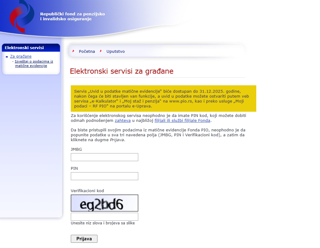 Stranica elektronskih servisa PIO fonda za uvid u podatke iz matične evidencije uz unos JMBG i PIN-a
