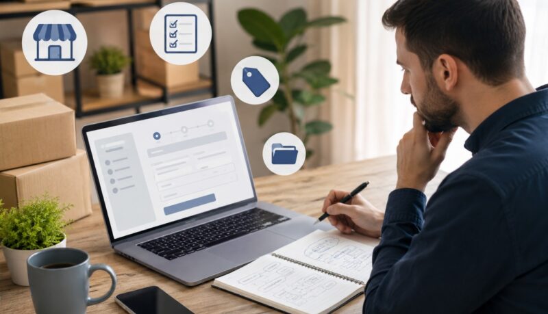 Muškarac za laptopom planira online prodavnicu, uz beležnicu, kutije i ikonice koje predstavljaju naziv radnje i poslovnu delatnost