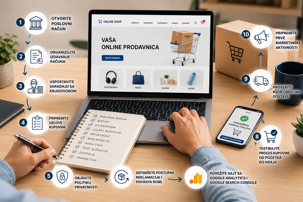 Laptop sa online prodavnicom, mobilni telefon i beležnica sa kontrolnom listom prikazuju ključne korake između registracije firme i prve porudžbine