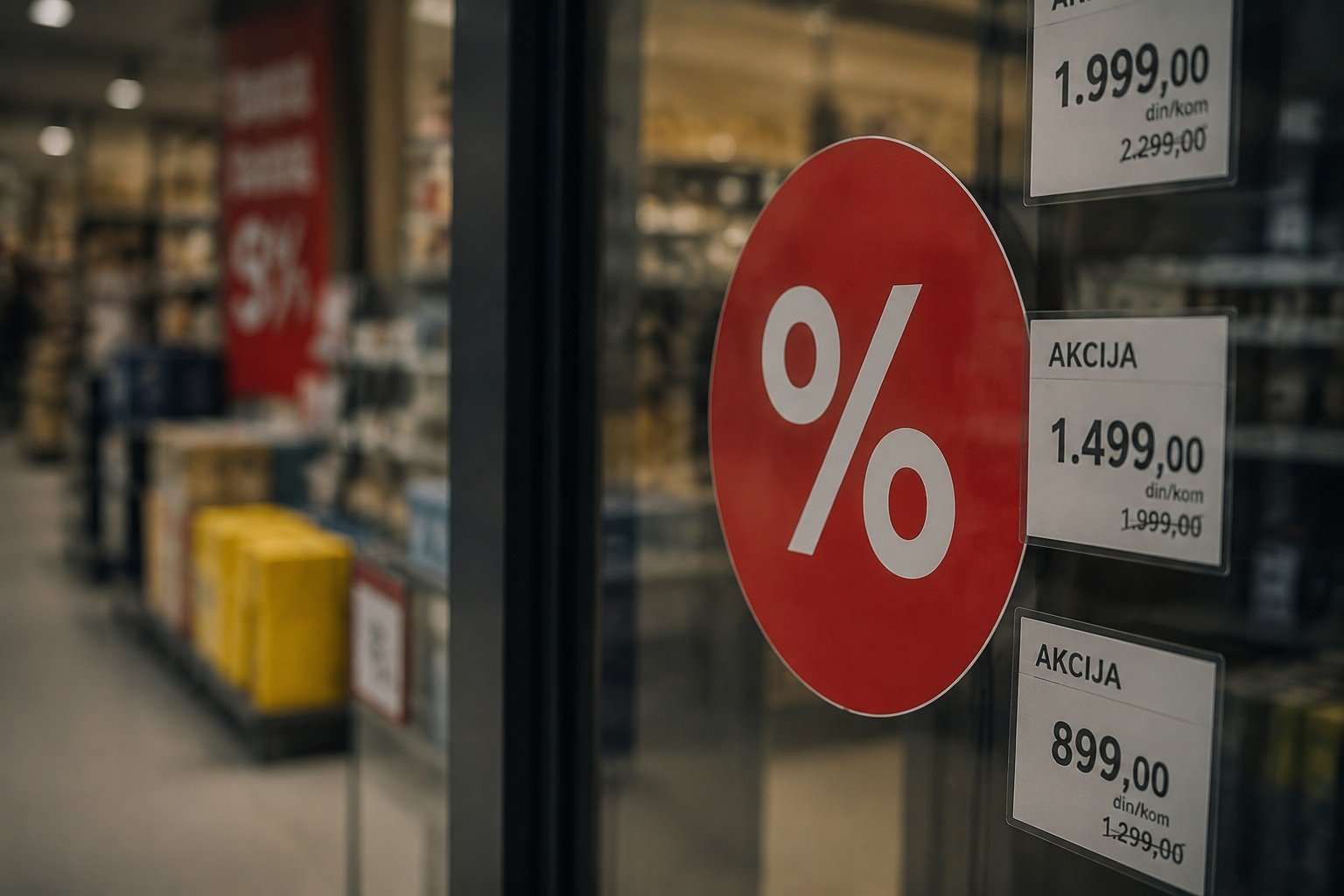 Oznaka procenta i istaknute akcijske cene na izlogu prodavnice.