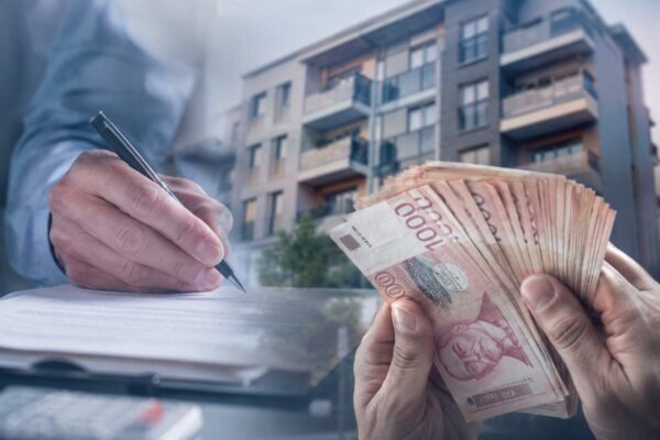 prikaz zgrade, čoveka koji poppisuje papire i novca