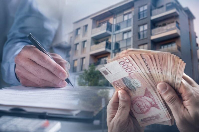 prikaz zgrade, čoveka koji poppisuje papire i novca