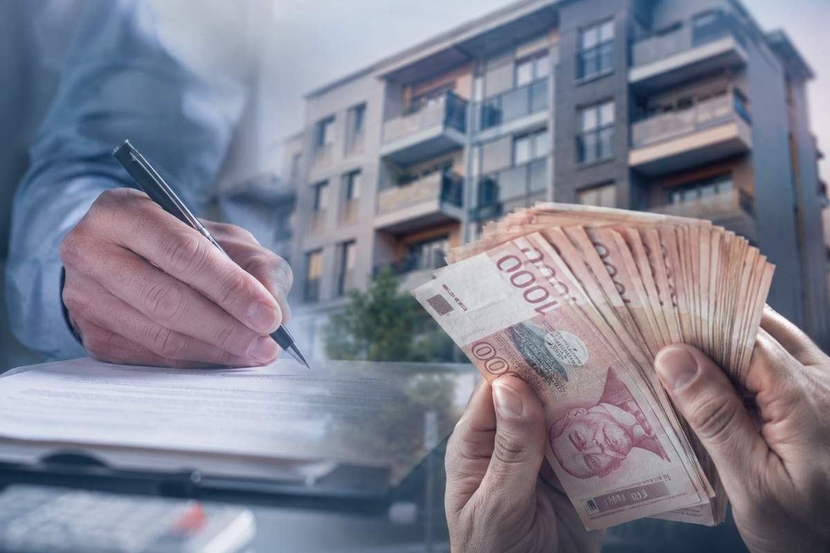 prikaz zgrade, čoveka koji poppisuje papire i novca