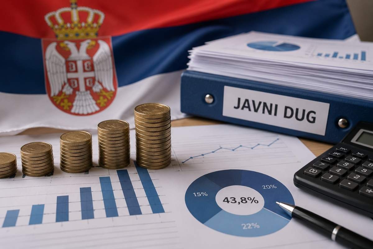 Grafikon javnog duga Srbije sa kovanicama, kalkulatorom i srpskom zastavom.