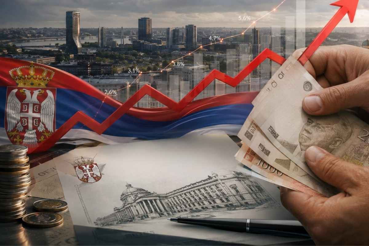 Ruke drže novčanice iznad dokumenta o državnim obveznicama, uz srpsku zastavu i grafikon rasta troškova zaduživanja.