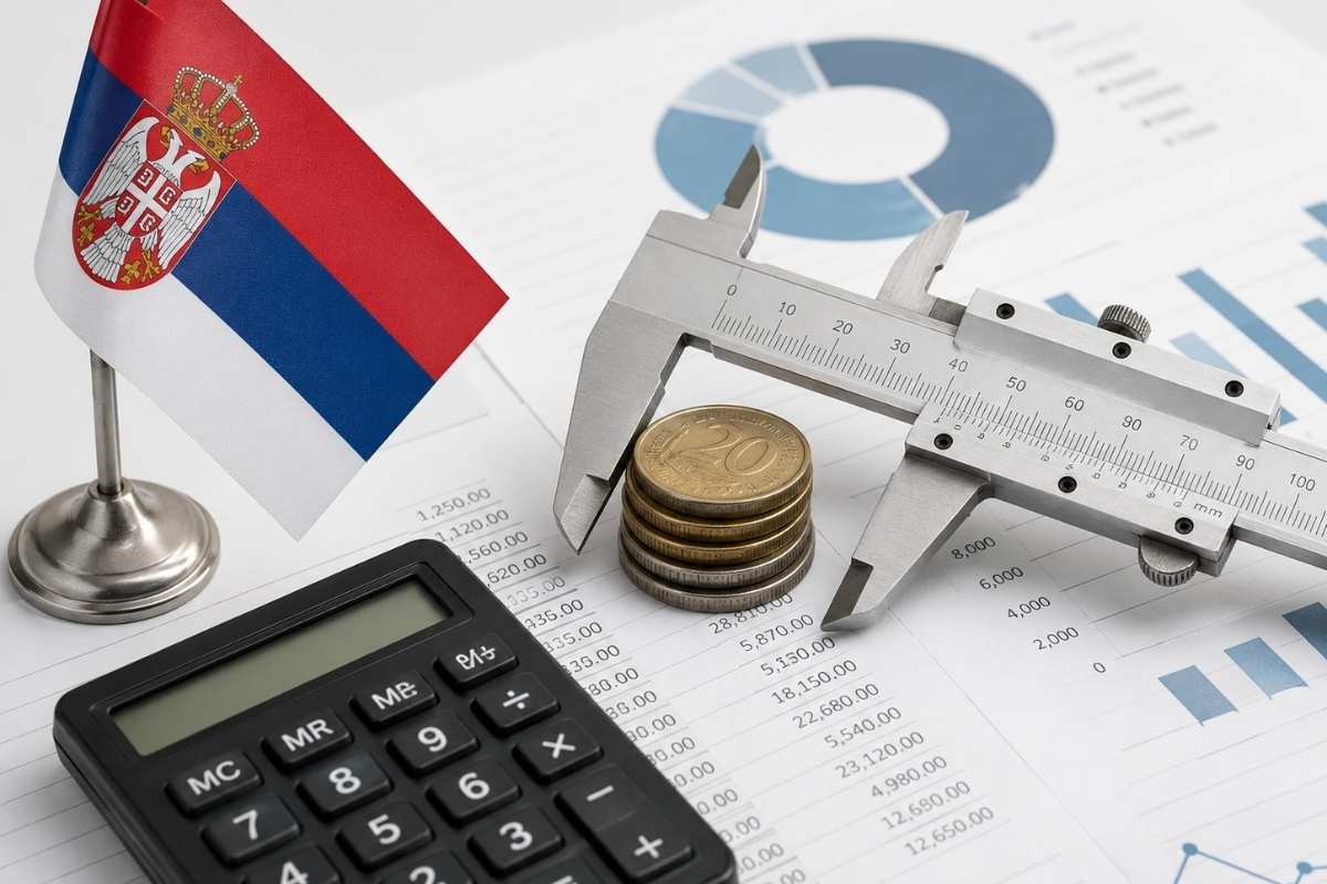 Šubler, novčići i kalkulator na finansijskim dokumentima uz zastavu Srbije.
