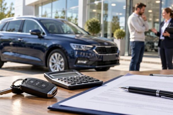 Ključevi automobila, kalkulator i ugovor o finansiranju na stolu u auto-salonu, dok kupac razgovara sa prodajnom savetnicom.