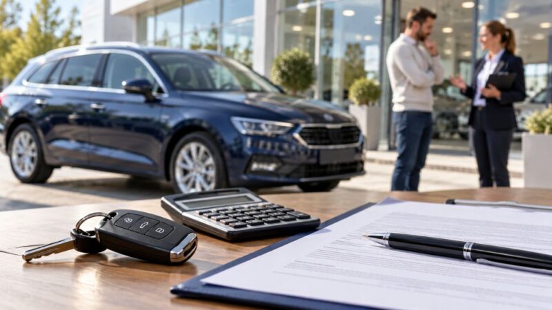Ključevi automobila, kalkulator i ugovor o finansiranju na stolu u auto-salonu, dok kupac razgovara sa prodajnom savetnicom.