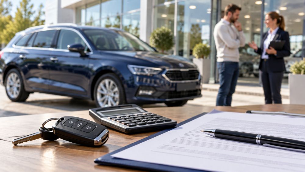 Ključevi automobila, kalkulator i ugovor o finansiranju na stolu u auto-salonu, dok kupac razgovara sa prodajnom savetnicom.