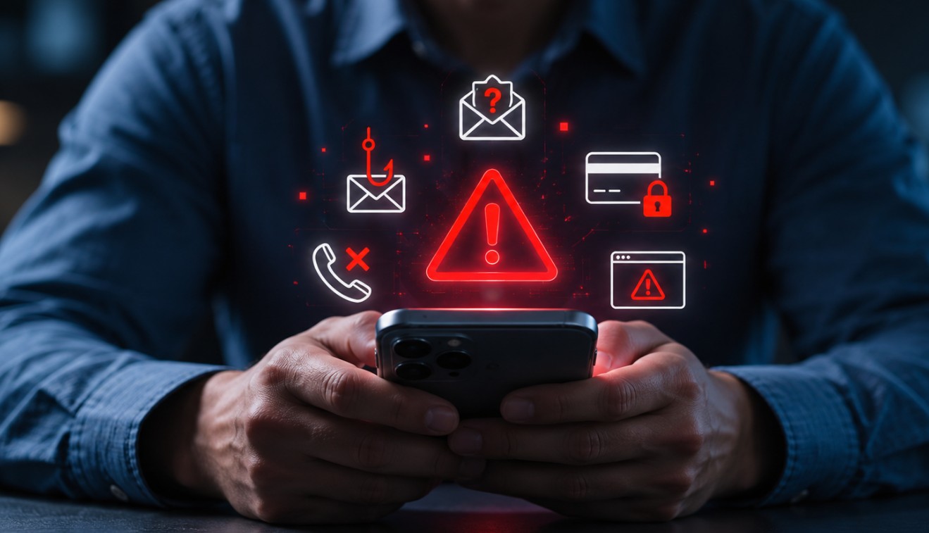 Osoba drži mobilni telefon dok iznad ekrana stoje crvena upozorenja i ikone za phishing poruke, lažne pozive, kartičnu prevaru i sumnjive sajtove