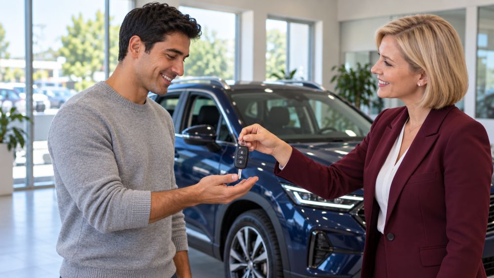 Prodajna savetnica predaje ključeve kupcu ispred novog plavog automobila u auto-salonu.