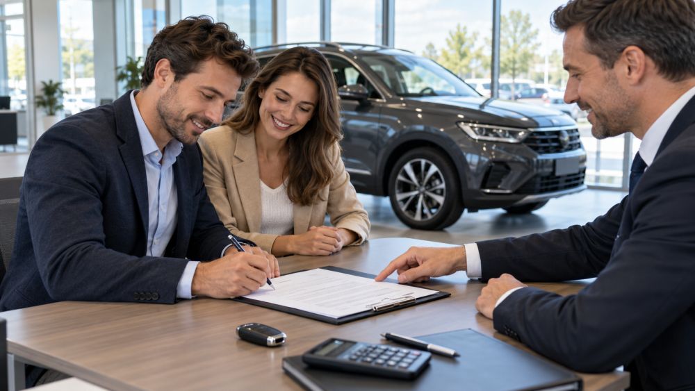 Par potpisuje ugovor o finansiranju automobila dok im savetnik u auto-salonu objašnjava uslove ponude.