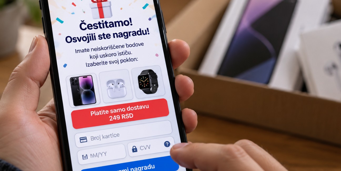 Osoba drži telefon na kojem je otvorena stranica sa navodnom nagradom, ponudom da se plati samo dostava i poljima za unos podataka kartice, dok su u pozadini kutije sa poklonima