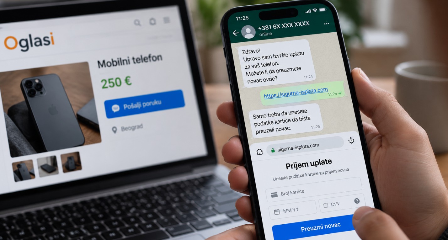Osoba drži mobilni telefon sa porukama navodnog kupca, dok je u pozadini otvoren oglas za prodaju telefona na laptopu