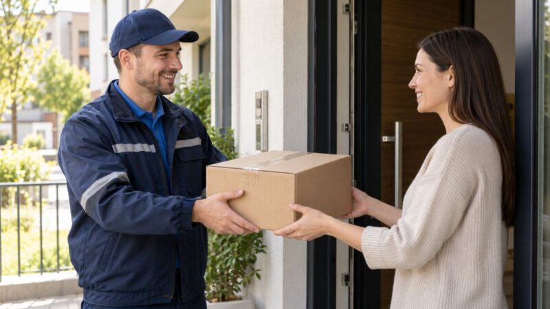 Poštar uručuje paket primaocu uz naplatu poštanske naknade
