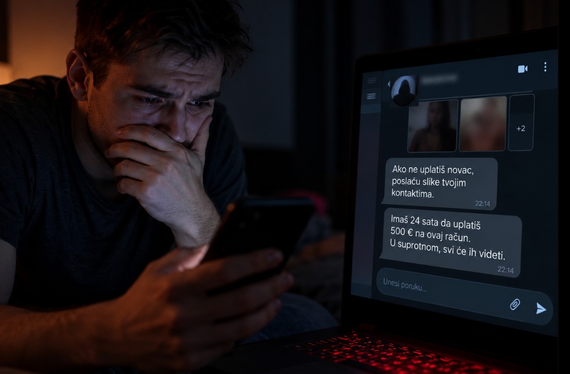 Muškarac u tamnoj prostoriji gleda u telefon, dok je na laptopu otvoren razgovor sa pretećim porukama i zamagljenim fotografijama