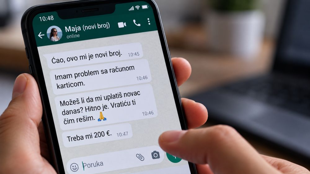 Osoba drži telefon sa WhatsApp porukama u kojima se pošiljalac sa navodno novog broja hitno obraća za novčanu pomoć