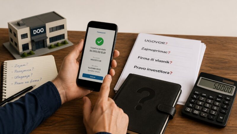Privatni transfer novca vlasniku DOO uz dokumentaciju koja ukazuje na nejasan odnos između investitora, vlasnika i firme