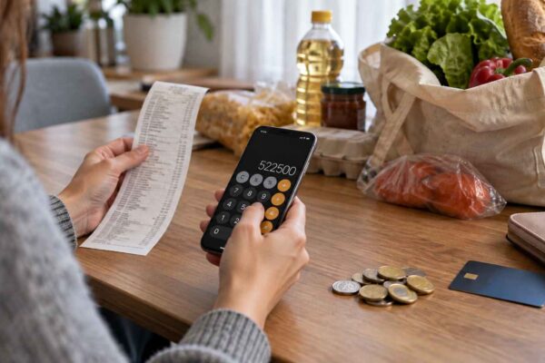 Žena proverava račun iz prodavnice i računa troškove na mobilnom telefonu.