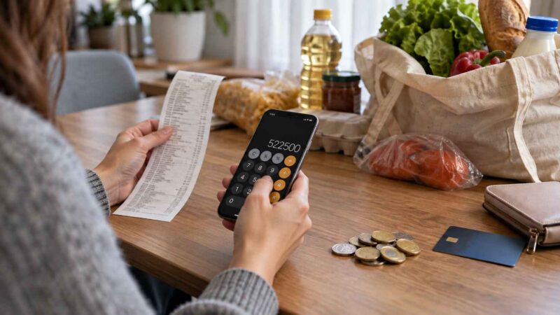 Žena proverava račun iz prodavnice i računa troškove na mobilnom telefonu.