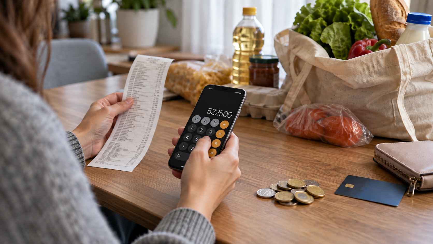 Žena proverava račun iz prodavnice i računa troškove na mobilnom telefonu.
