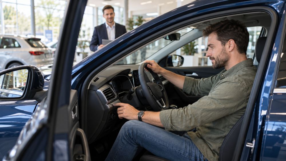 Muškarac isprobava automobil u prodajnom salonu dok ga prodajni savetnik posmatra.