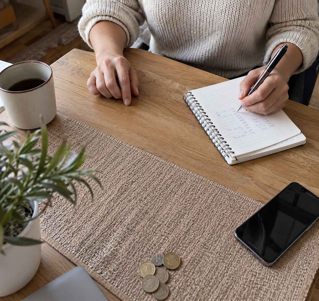 Žena zapisuje finansijske proračune u svesku, uz mobilni telefon i novčiće na stolu.
