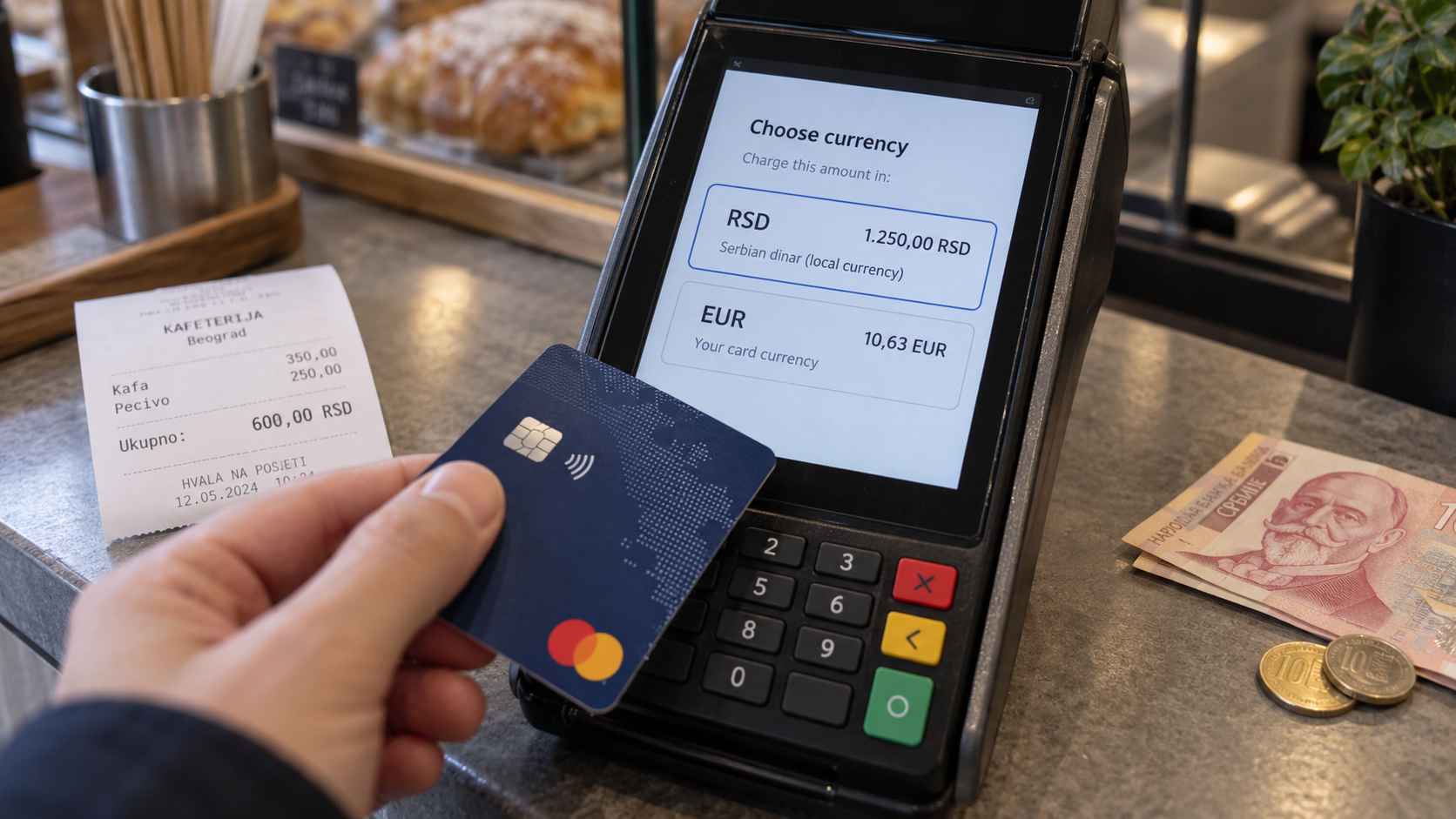 POS terminal prikazuje izbor plaćanja u RSD ili EUR dok kupac drži Mastercard karticu.