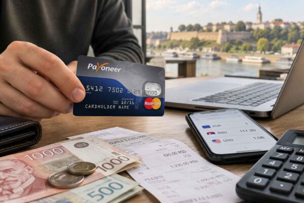 Payoneer Mastercard kartica pored dinara, kalkulatora i telefona sa prikazom kurseva valuta.