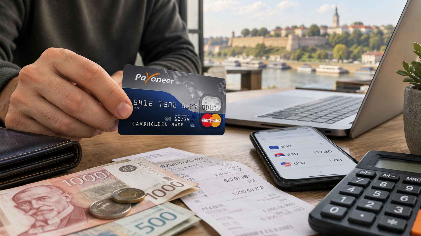 Payoneer Mastercard kartica pored dinara, kalkulatora i telefona sa prikazom kurseva valuta.