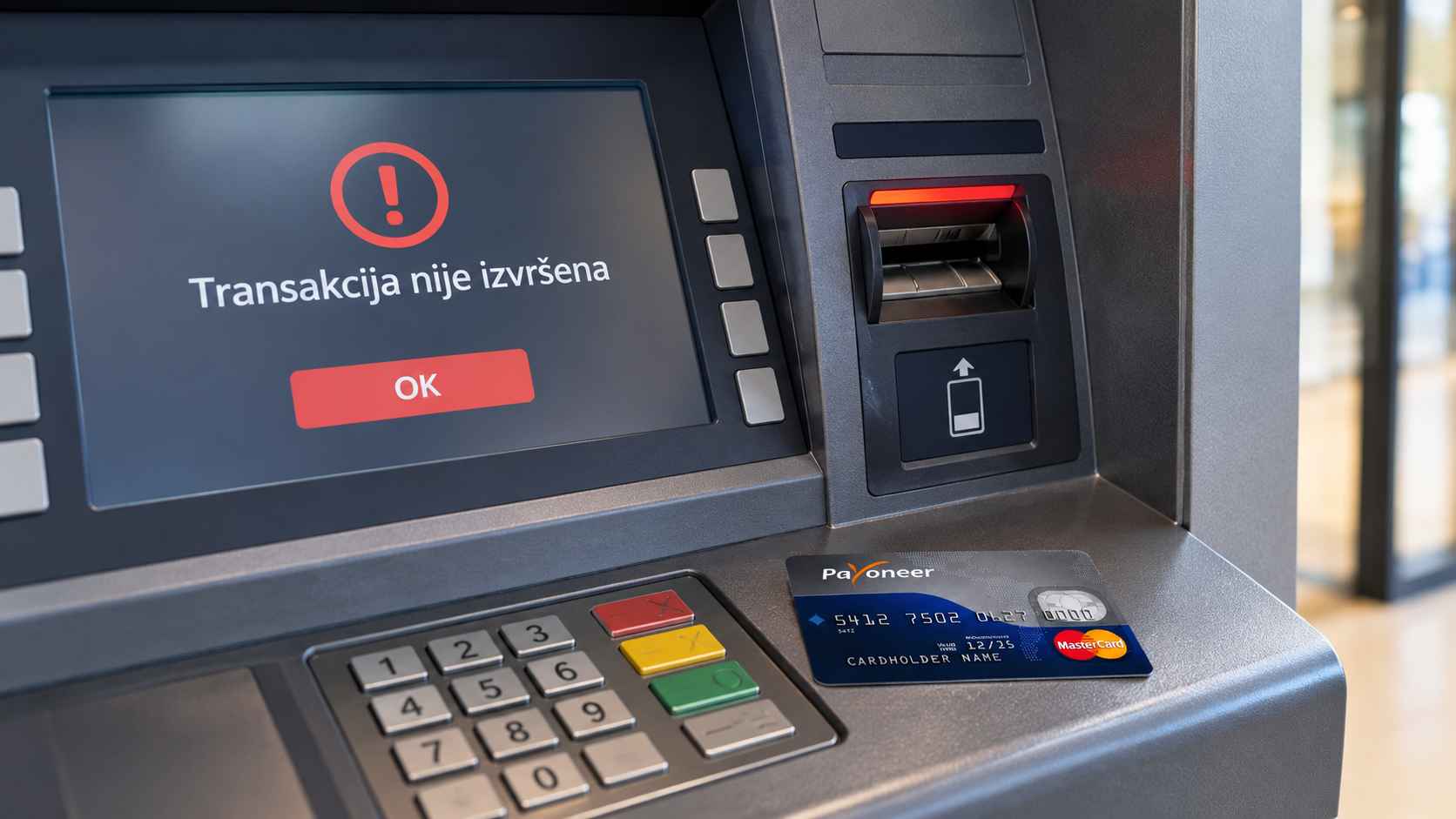 Bankomat prikazuje poruku o odbijenoj transakciji, dok se Payoneer kartica nalazi pored tastature.