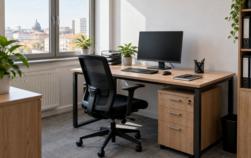 Kancelarijsko radno mesto opremljeno računarom, ergonomskom stolicom, radnim stolom i osnovnom kancelarijskom opremom.